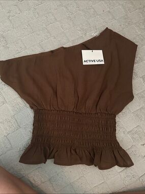 Active USA Brown Smocked Waist Womens Top
